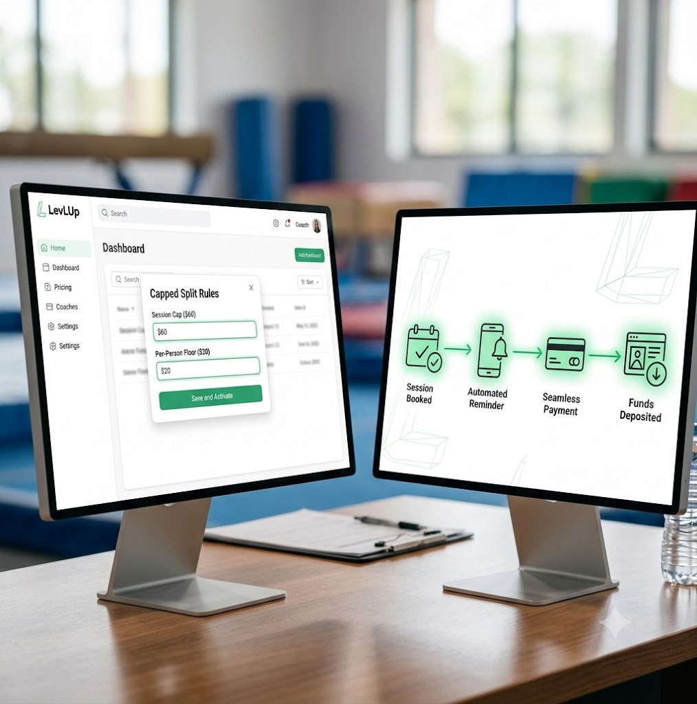 Two LevLUp displays on a gym desk: the left screen shows the Capped Split editor with Session Cap and Per-Person Floor fields; the right screen shows the automated booking-to-paid flow — Session Booked, Automated Reminder, Seamless Payment, Funds Deposited — with the LevLUp wireframe motif in the background.